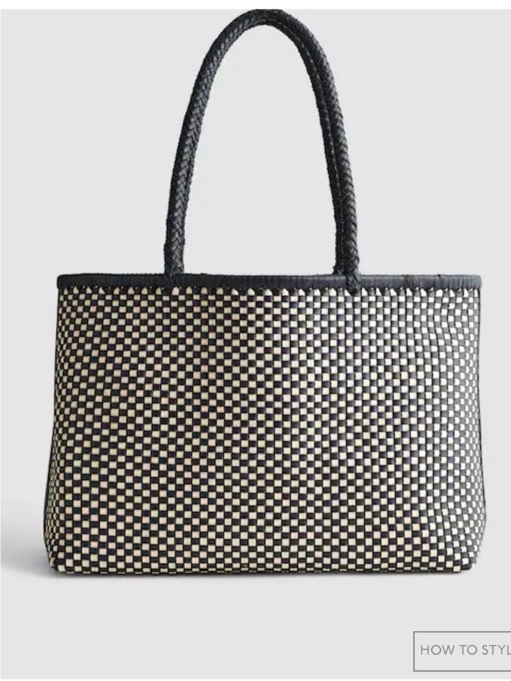 Woven Checkered Tote Bag - Dark Blue Leather & Cream